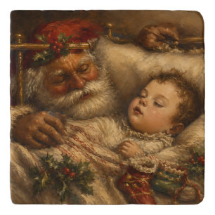 Vintage Santa Bedtime Christmas Oil Painting Trivet