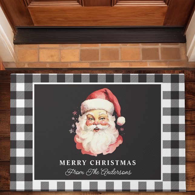 Vintage Santa Black Gingham Personalized Christmas Doormat (Creator Uploaded)