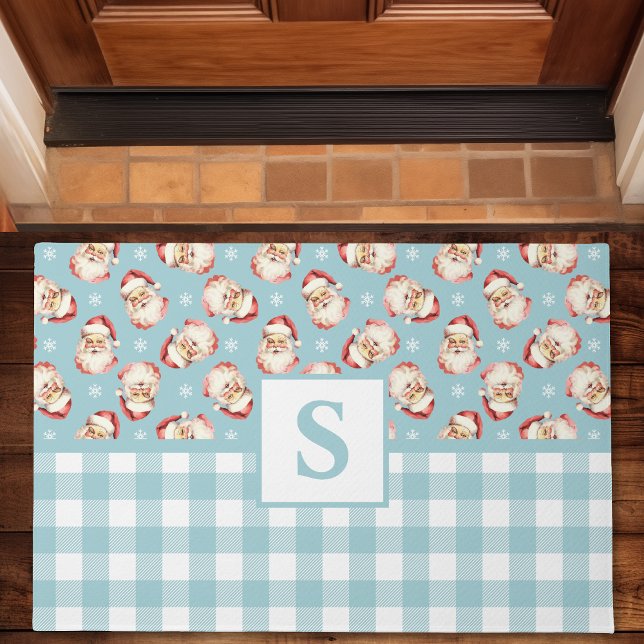 Vintage Santa Blue Gingham Monogrammed Christmas Doormat (Creator Uploaded)