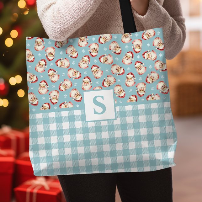Vintage Santa Blue Gingham Monogrammed Christmas Tote Bag (Creator Uploaded)