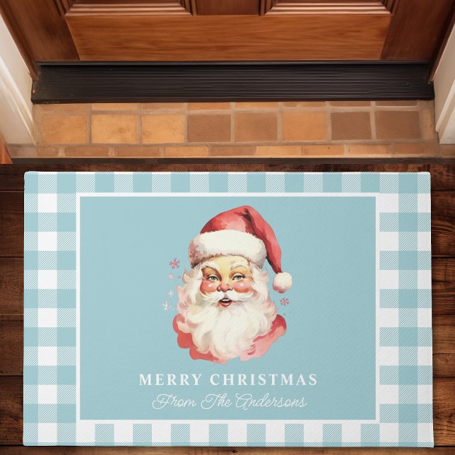 Vintage Santa Blue Gingham Personalized Christmas Doormat (Creator Uploaded)