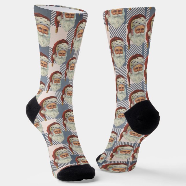 Vintage Santa Blue White Gingham Pattern Socks (Angled)