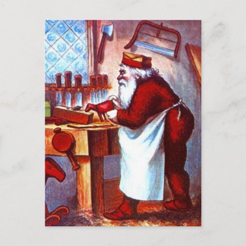 Vintage Santa busy in Wood Shop apron Workshop Holiday Postcard