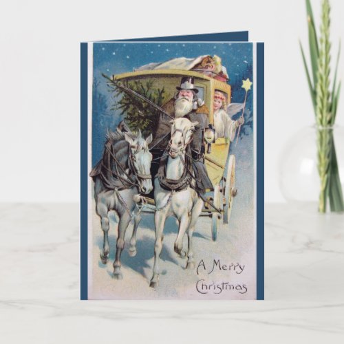 Vintage Santa carriage angel tree toys Christmas Holiday Card
