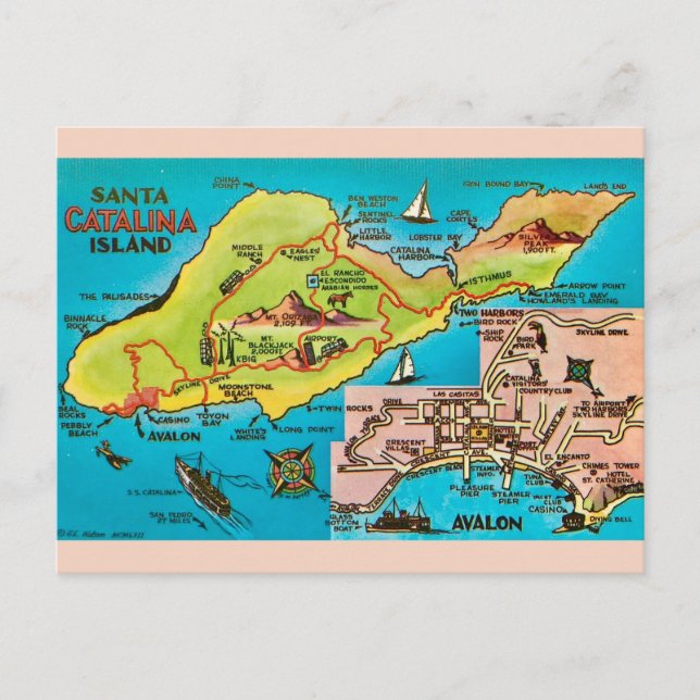 Vintage Santa Catalina Island Map Postcard (Front)