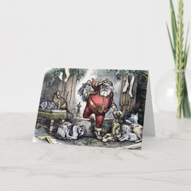 Vintage Santa Cats and Dogs Christmas Card (Front)