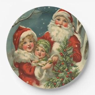 Vintage Santa, Children and Christmas Tree Paper Plates