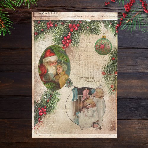 Vintage Santa Children Pine  Holly Decoupage Tissue Paper