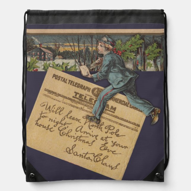 Vintage Santa Christmas Letter Drawstring Bag (Front)