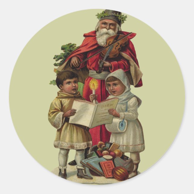 Vintage Santa Christmas Music Singing Classic Round Sticker (Front)