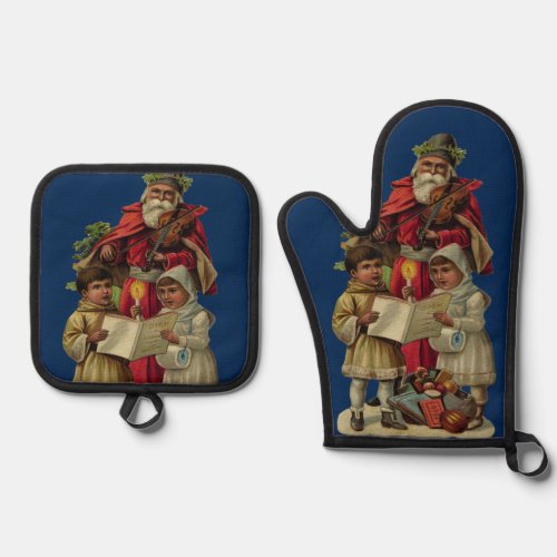 Vintage Santa Christmas Music Singing Oven Mitt  Pot Holder Set