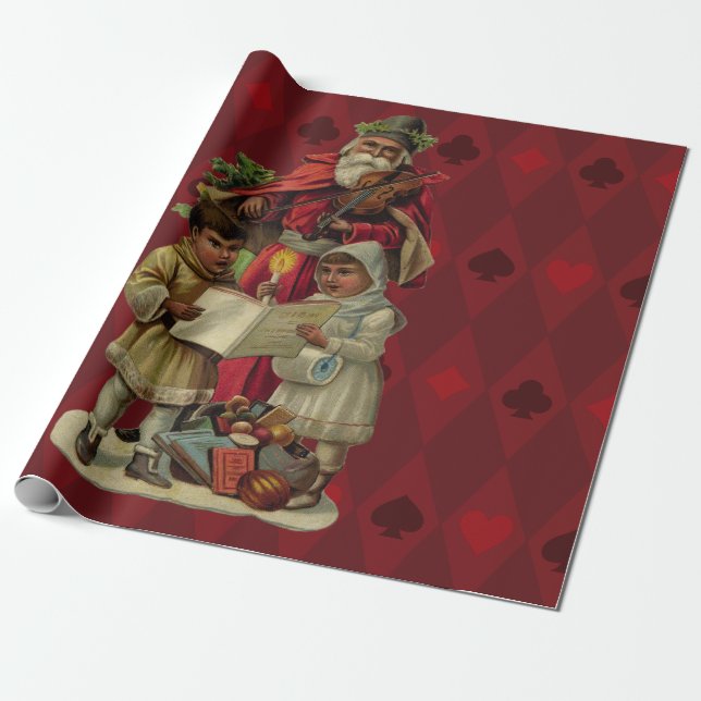 Vintage Santa Christmas Music Singing Wrapping Paper (Unrolled)