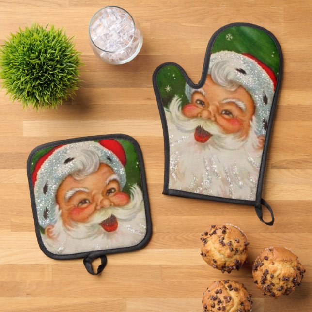 Vintage Santa Christmas  Oven Mitt & Pot Holder Set (Top Down)