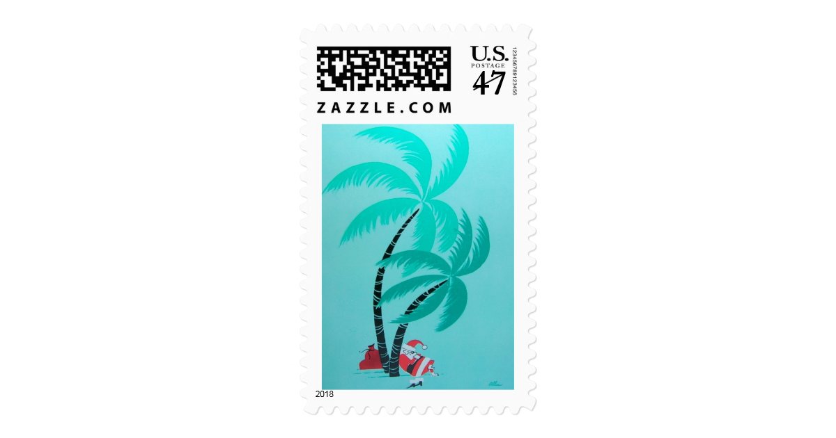 Vintage Santa Christmas Palm Tree Coconut Postage Stamp | Zazzle