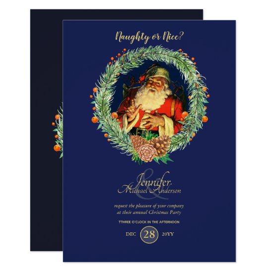 Vintage Santa Christmas Party Invitation Blue Red