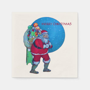 VINTAGE SANTA,CHRISTMAS SACK ,TOYS IN STARRY SKY PAPER NAPKINS