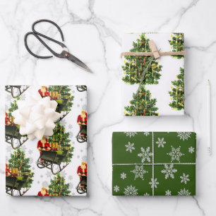 Vintage Santa Christmas tree and Snowflakes Wrapping Paper Sheets
