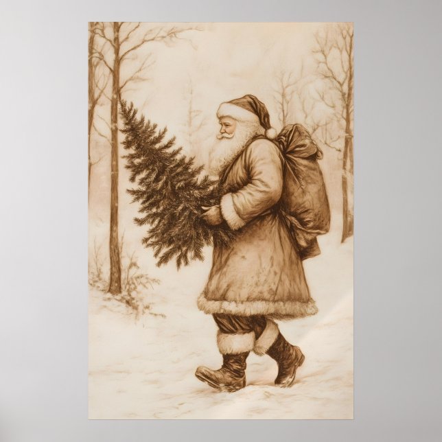 Vintage Santa Christmas Tree Art Print Retro (Front)