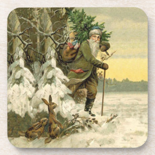 Vintage Santa Christmas Victorian Holiday Tree  Beverage Coaster