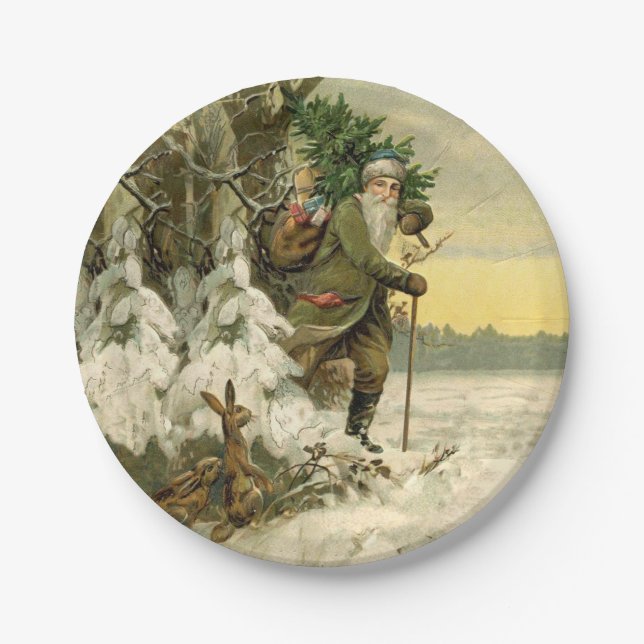 Vintage Santa Christmas Victorian Holiday Tree  Paper Plates (Front)