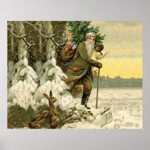Vintage Santa Christmas Victorian Holiday Tree Poster