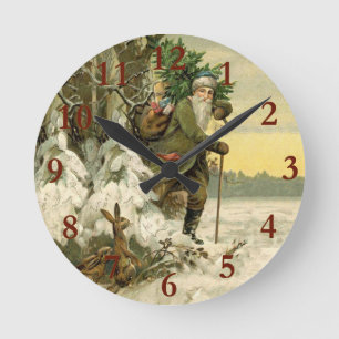Vintage Santa Christmas Victorian Holiday Tree  Round Clock