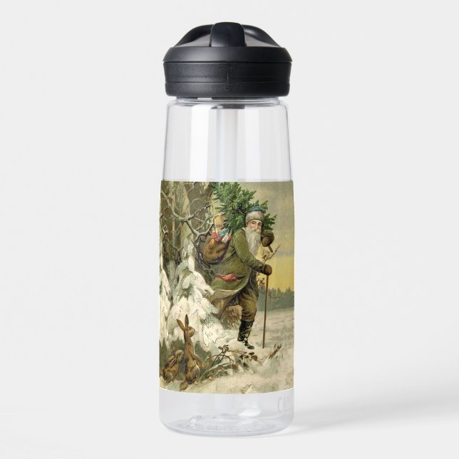 Vintage Santa Christmas Victorian Holiday Tree  Water Bottle (Front)