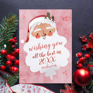 Vintage Santa Christmas Watercolor Pink Greeting Holiday Card