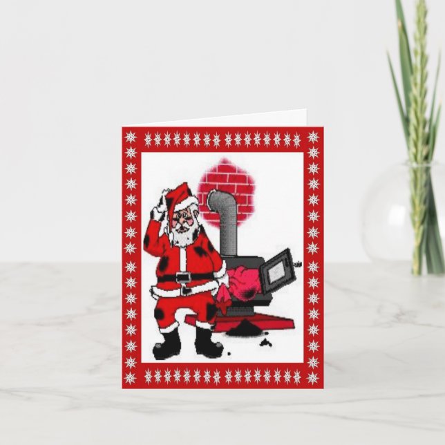 Vintage Santa Claus and a Coal Stove Burner Holida Holiday Card (Front)