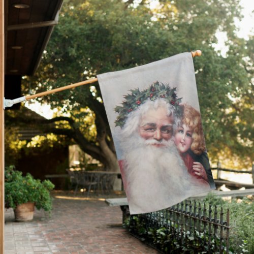 Vintage Santa Claus and Child with Holly House Flag
