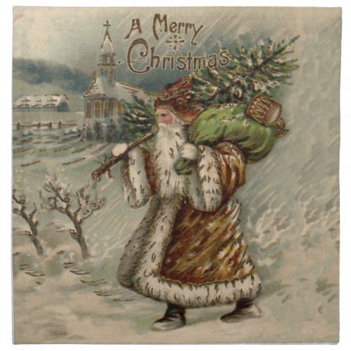 Vintage Santa Claus and Christmas Tree Cloth Napkin
