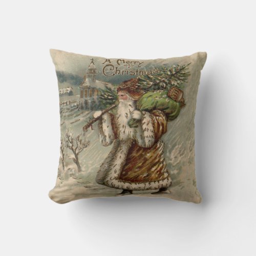 Vintage Santa Claus and Christmas Tree Throw Pillo Throw Pillow