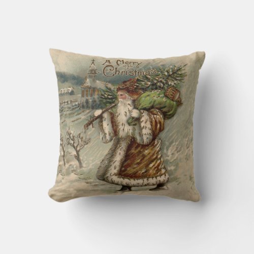 Vintage Santa Claus and Christmas Tree Throw Pillow