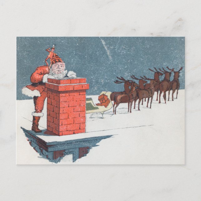 Vintage Santa Claus and Elf Chimney Christmas Postcard (Front)