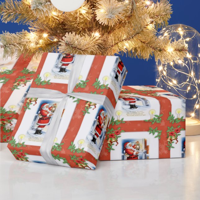 Vintage Santa Claus and Poinsettia Christmas Wrapping Paper (Holidays)