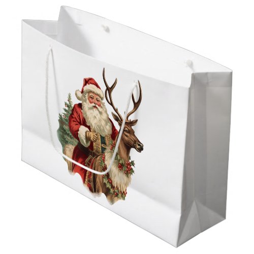 Vintage Santa Claus and Reindeer Christmas Large Gift Bag
