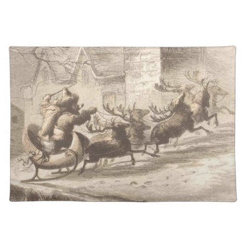 Vintage Santa Claus and Reindeer Illustration Cloth Placemat