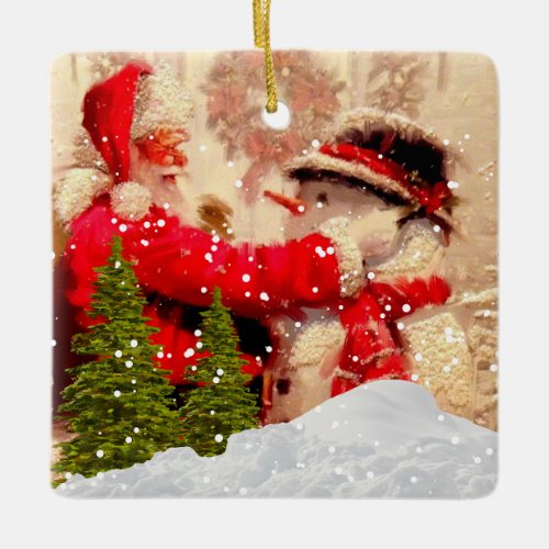 Vintage Santa Claus and Snowman Christmas Ornament