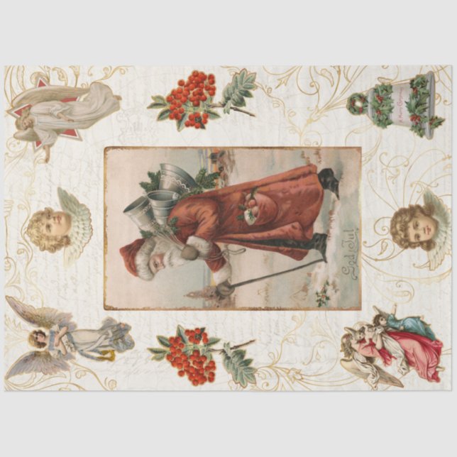 Vintage Santa Claus Angels Christmas Decoupage Tissue Paper (Front)