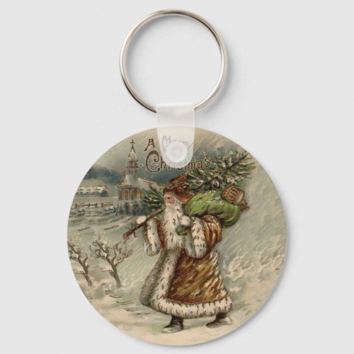 Vintage Santa Claus Art Christmas Tree Print Keychain