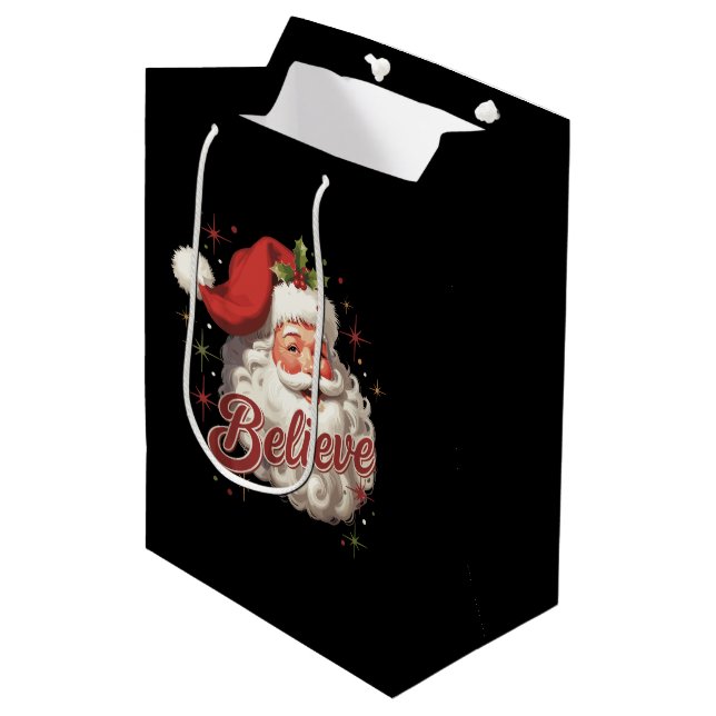 Vintage Santa Claus Believe Christmas  Medium Gift Bag (Front Angled)