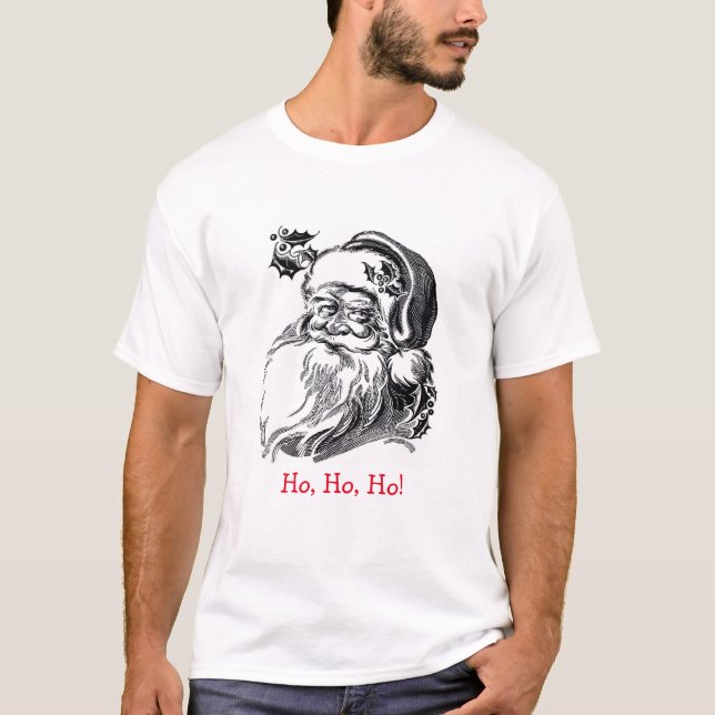Vintage Santa Claus Black White Red Christmas T-Shirt (Front)