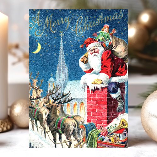 Christmas Greeting Cards 11 Vintage Santa Claus Chimney Merry Christmas Holiday Card