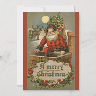 Vintage Santa Claus Chimney Reindeer Christmas Holiday Card