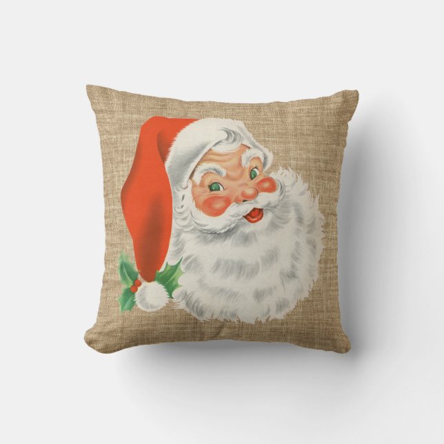 Vintage Santa Claus Christmas Faux Burlap Throw Pillow (Front)