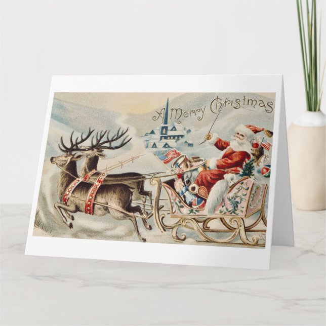 Vintage Santa Claus Christmas Sleigh Reindeer  Card (Front)