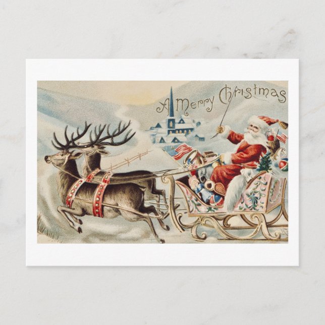 Vintage Santa Claus Christmas Sleigh Reindeer  Postcard (Front)