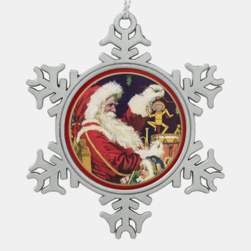 Vintage Santa Claus Christmas  Snowflake Pewter Christmas Ornament