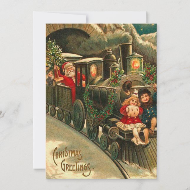 Vintage Santa Claus Christmas Train Holiday Card (Front)