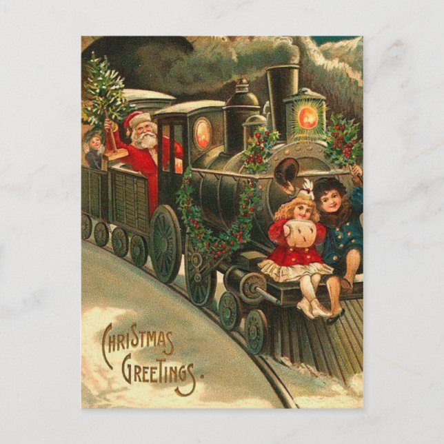 Vintage Santa Claus Christmas Train Holiday Postcard (Front)